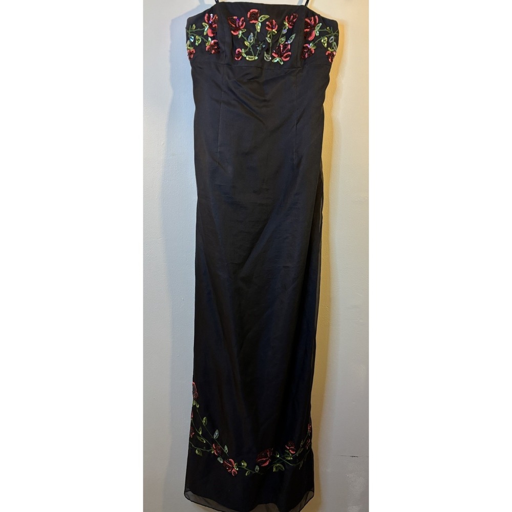 VTG NICOLE MILLER Black Strapless Maxi Dress Beaded Sequin Floral 6 Prom 90's - Picture 4 of 13